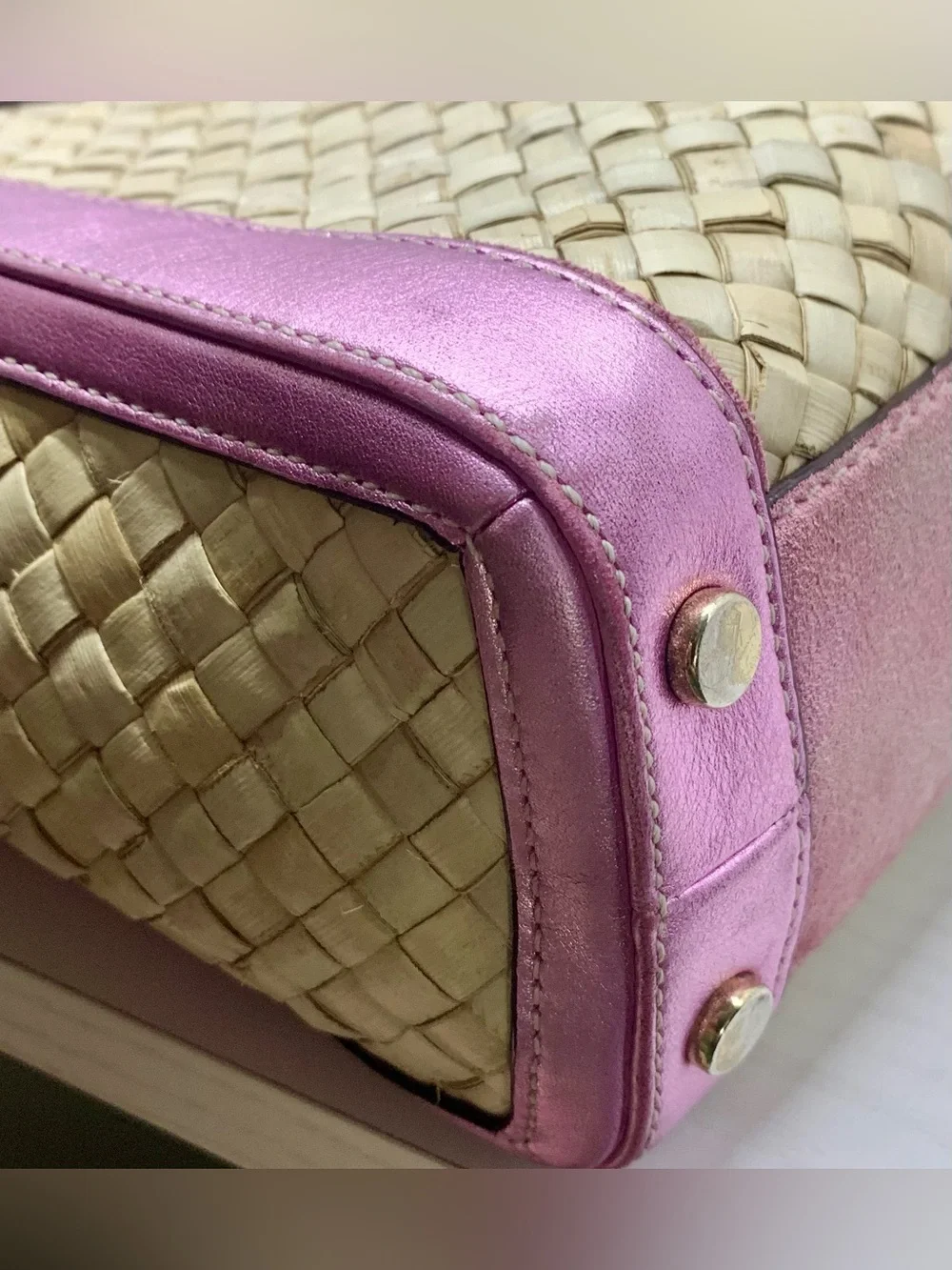 Coach Vintage 2004 Hamptons Pink Metallic Leather, Suede & Straw Tote,